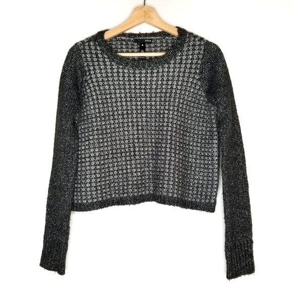AQUA Wool Sweater Metallic Thread Cropped Knit‎ Chunky Honeycomb Grey Shrunk XS - Picture 1 of 7